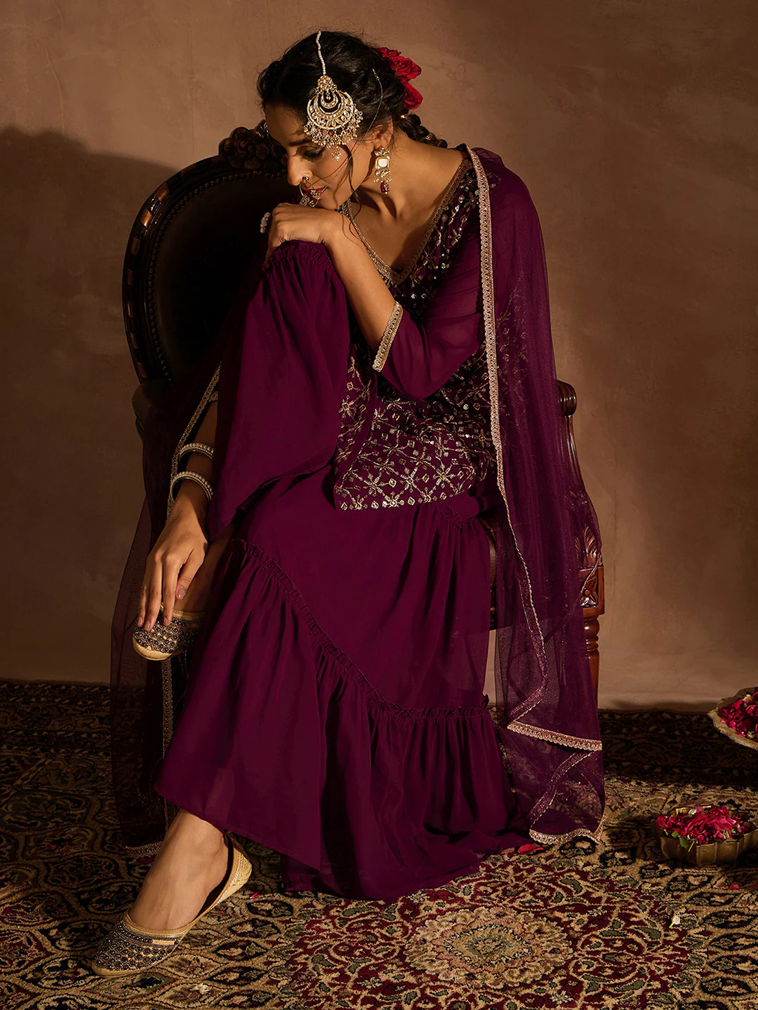 Embroidered Straight Kurta Sharara With Dupatta set