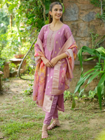 Silk Blend Straight Kurta With Palazzos & Dupatta