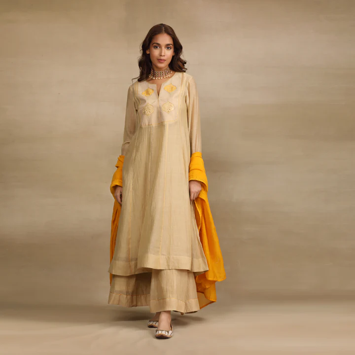 Beige Yellow Brocade Patch Anarkali Suit Set