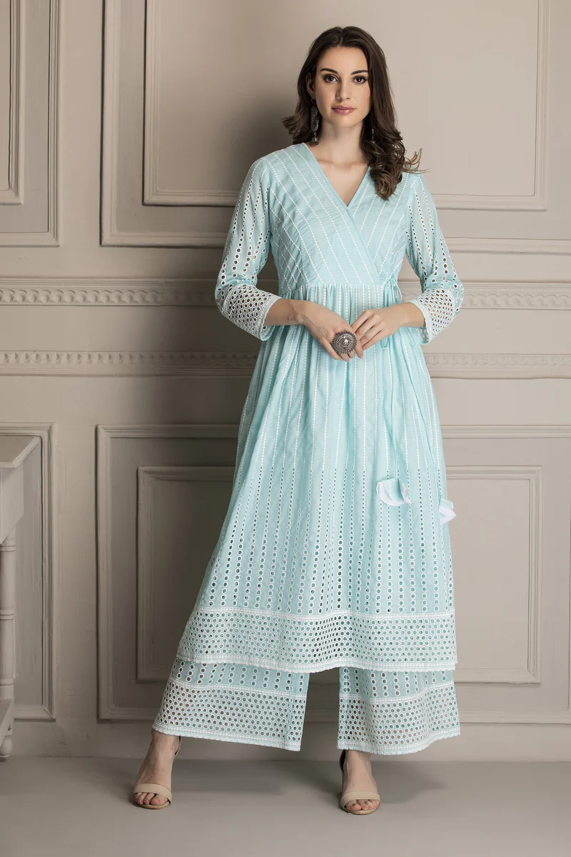 Aqua Angrakha Style Chikankari Kurta set