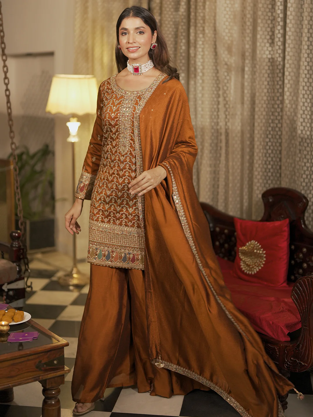 Rust Embroidered Silk Blend Straight Kurta With Palazzos & Dupatta