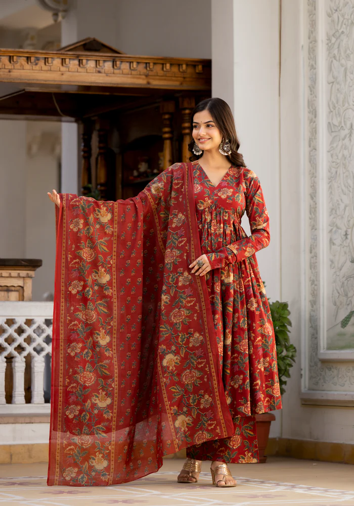 Saanvi Maroon Floral Print Suit Set