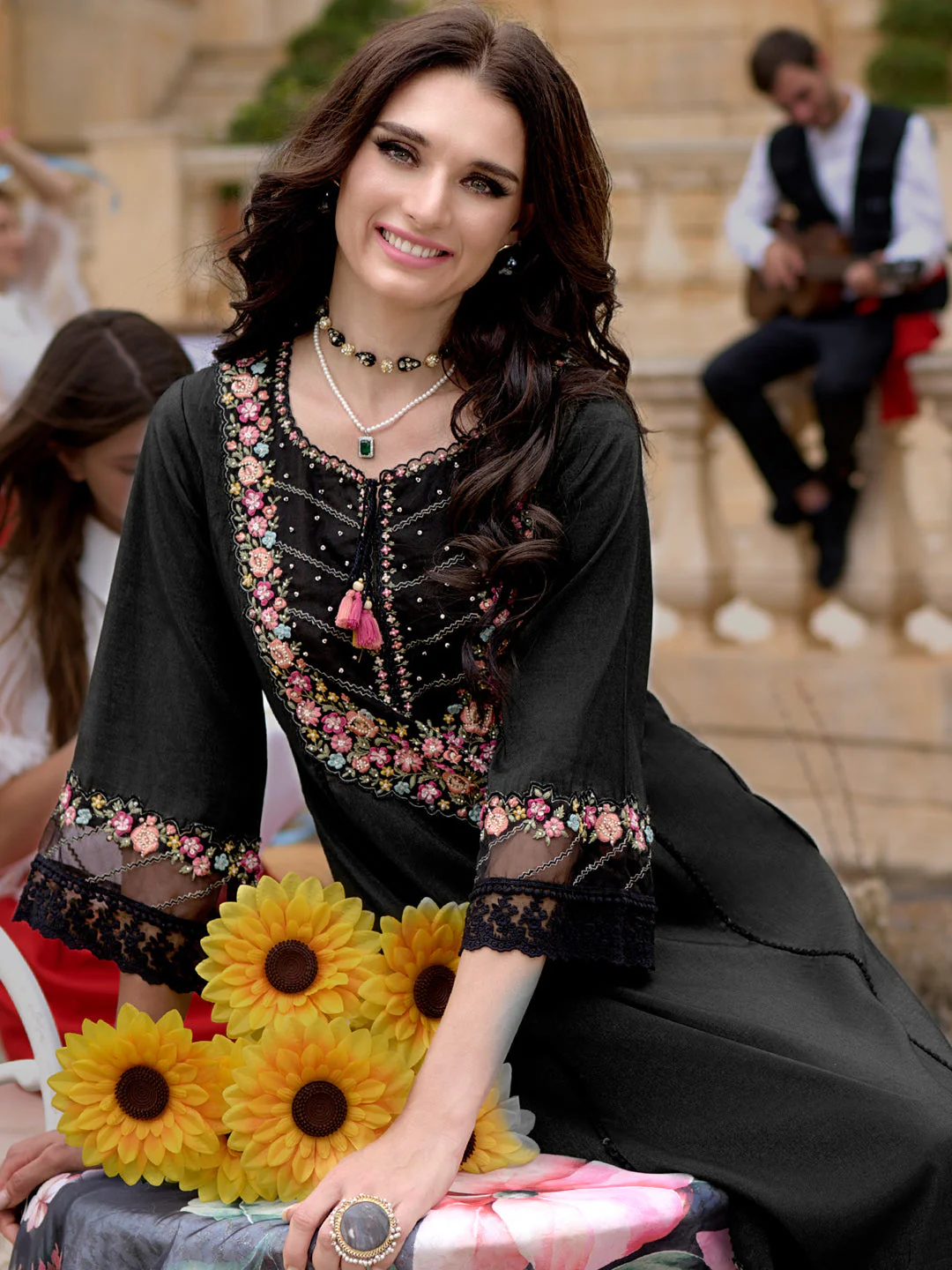 Black Embroidered A-Line Kurta Trousers With Dupatta Set