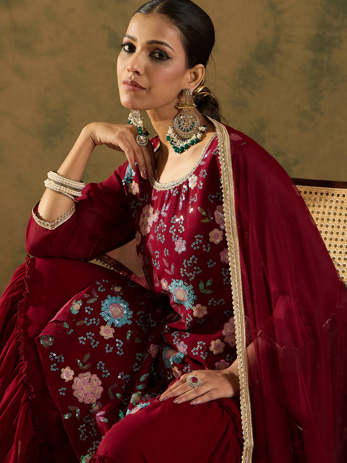 Maroon Embroidered Straight Kurta Sharara With Dupatta set