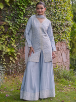 Grey Embroidered Silk Blend Straight Suit With Dupatta