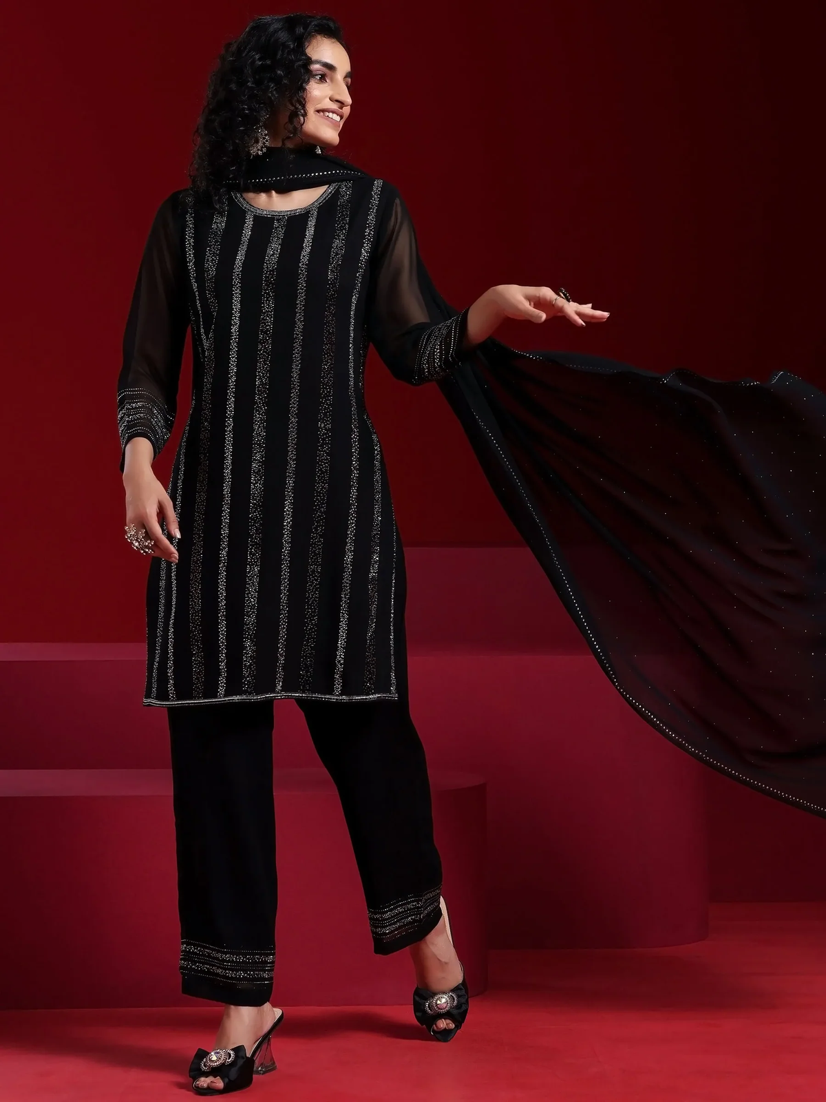 Black Striped Georgette Straight Suit With Dupatta