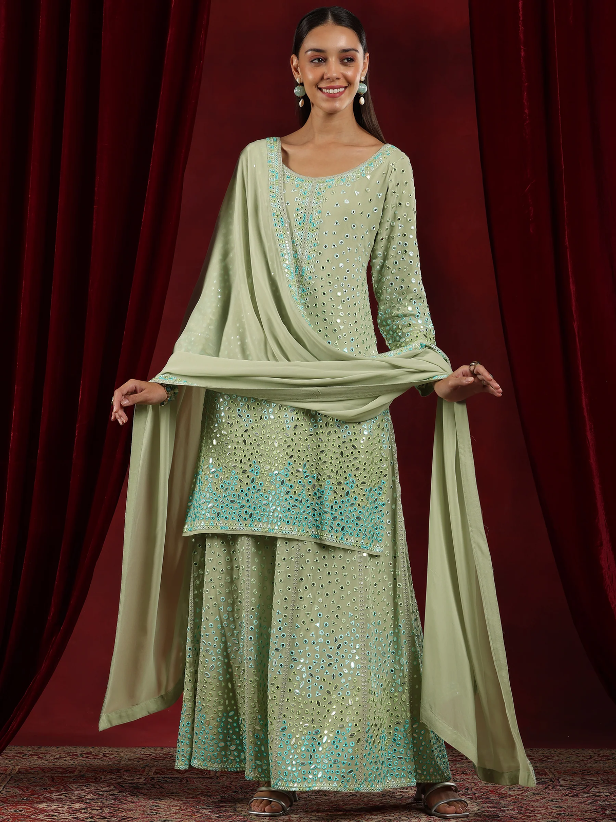 Green Embroidered Georgette Straight Suit With Dupatta