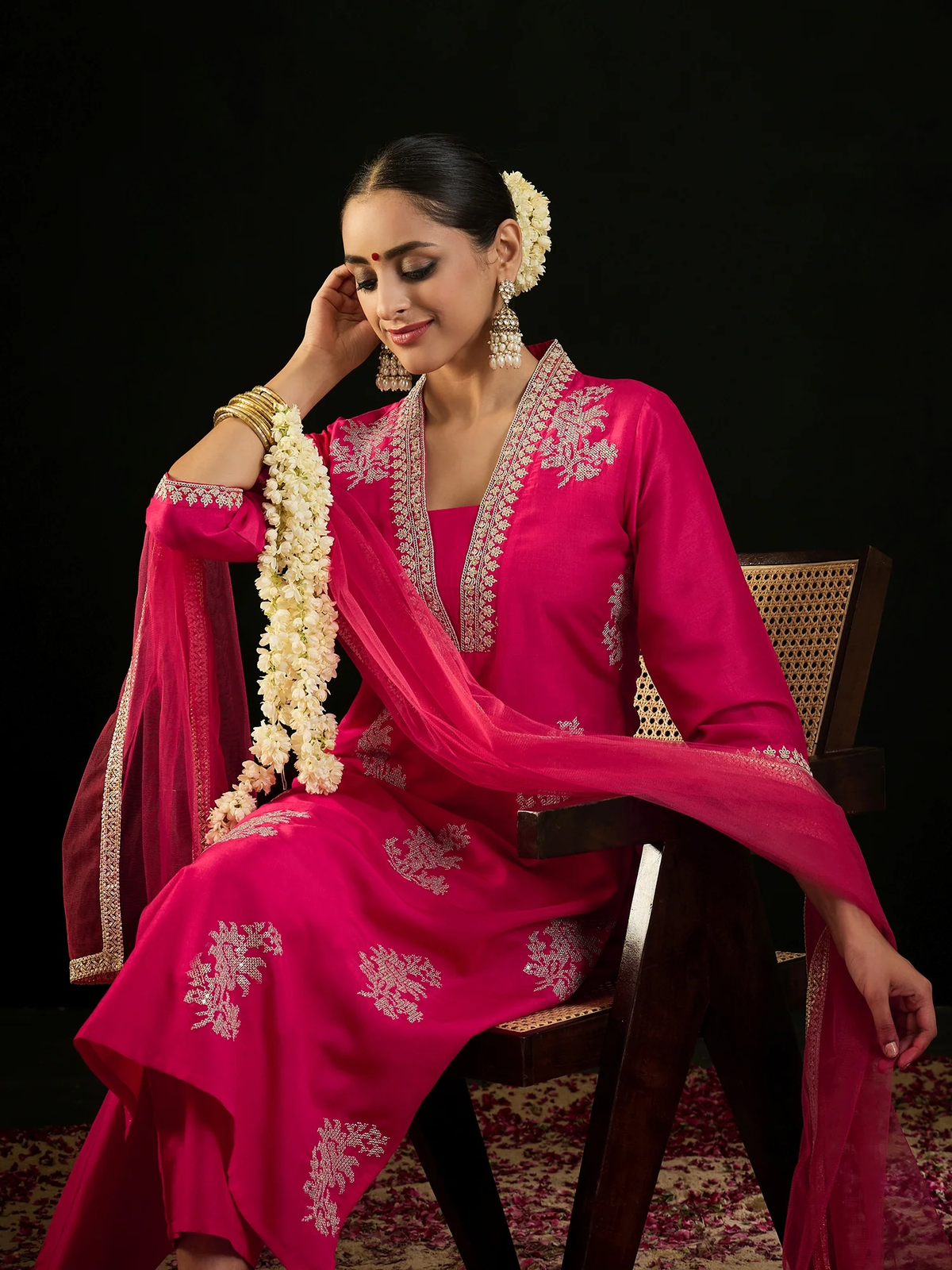 Magenta Embroidered Straight Kurta Trousers With Dupatta set