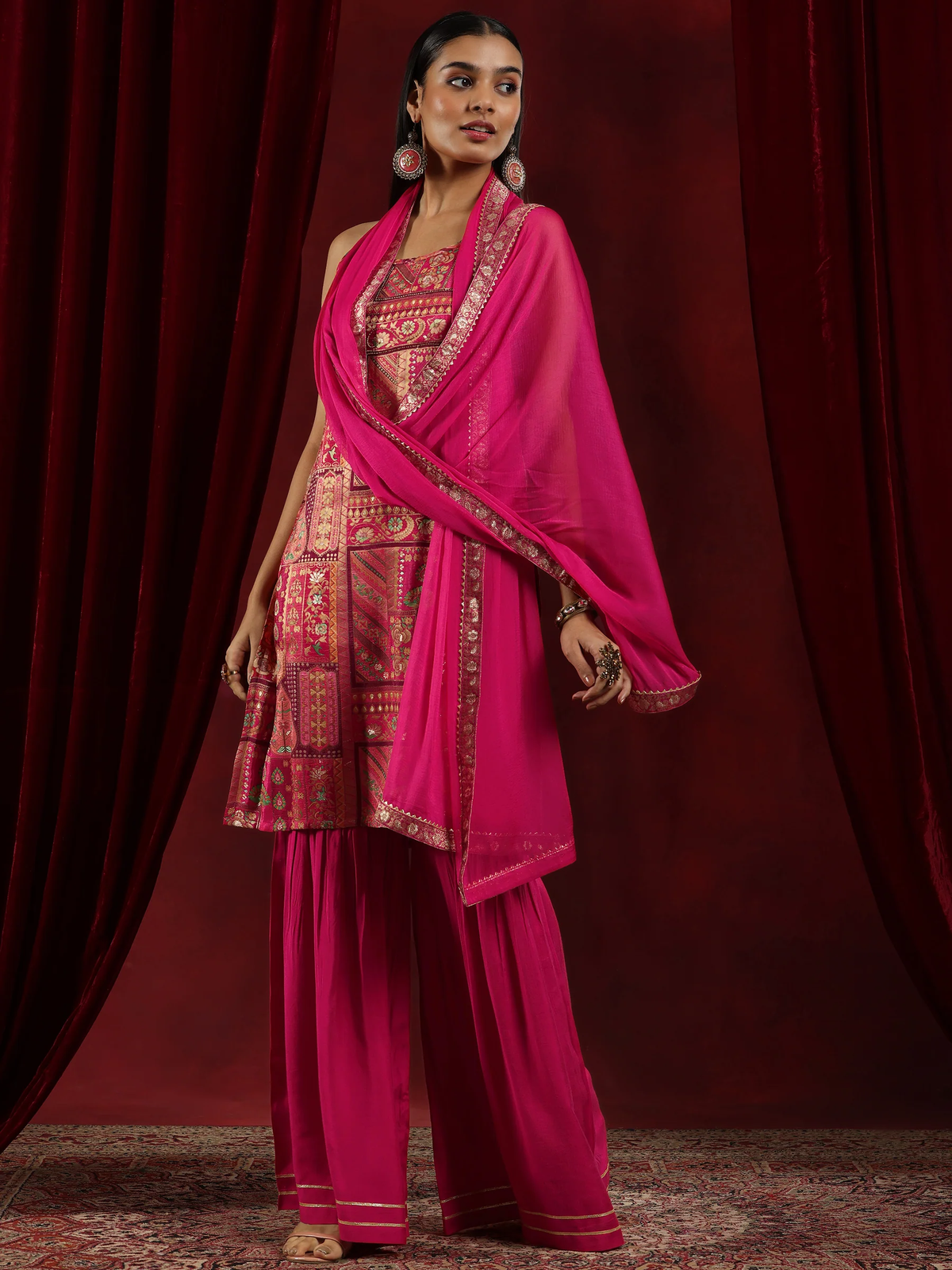 Pink Woven Design Silk Blend Straight Suit With Dupatta