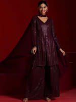 Wine Embroidered Georgette A-Line Kurta With Palazzos & Dupatta