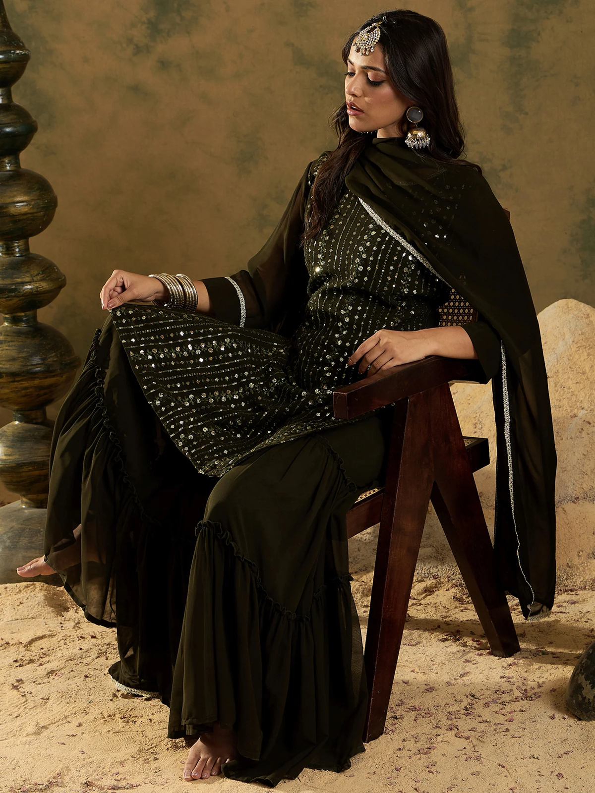 Green Embroidered Straight Kurta Sharara With Dupatta set