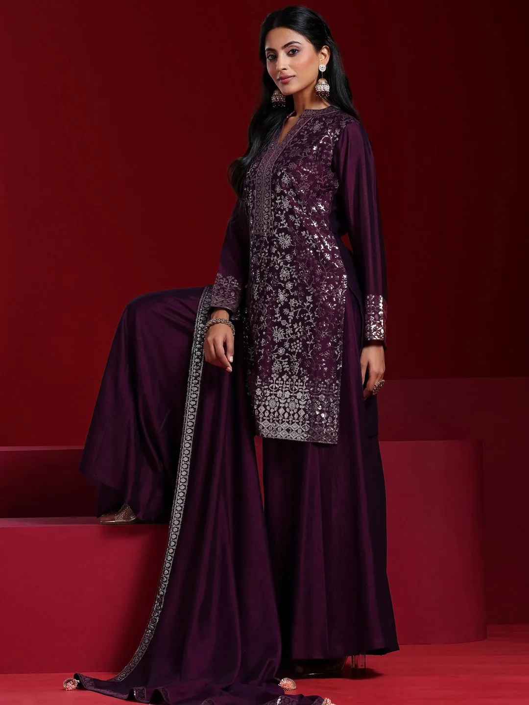 Wine Embroidered Silk Blend Straight Suit With Dupatta