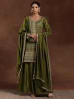 Adaa Olive Embroidered Silk Blend Straight Kurta With Palazzos & Dupatta