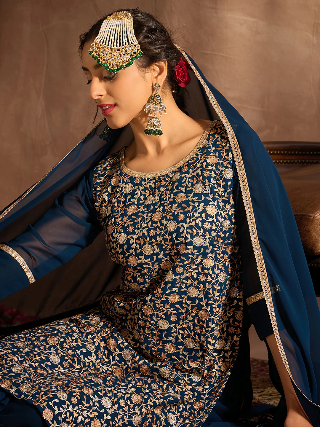 Teal Embroidered Straight Kurta Sharara set