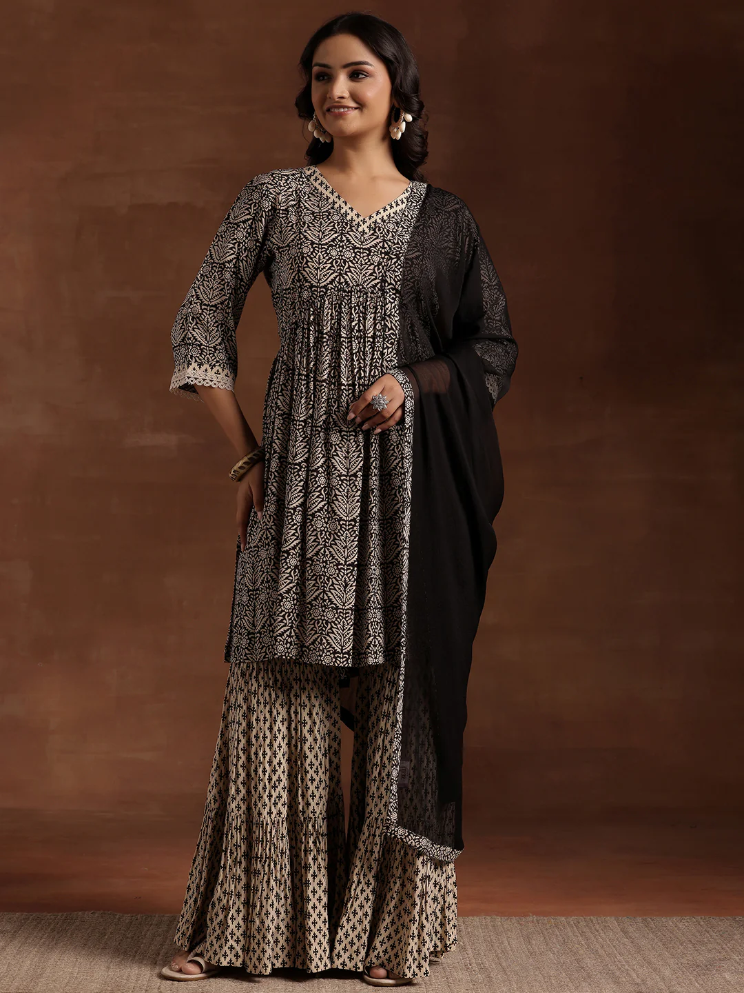 Black Printed Cotton A-Line Kurta With Sharara & Dupatta