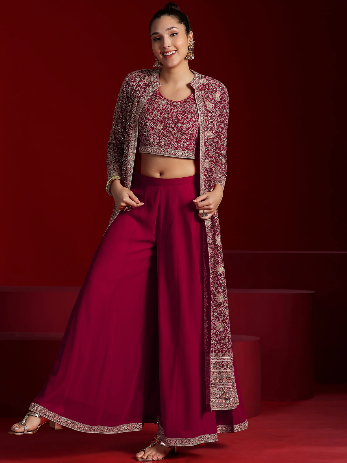 Pink Embellished Silk Blend Co-Ords With Shrug