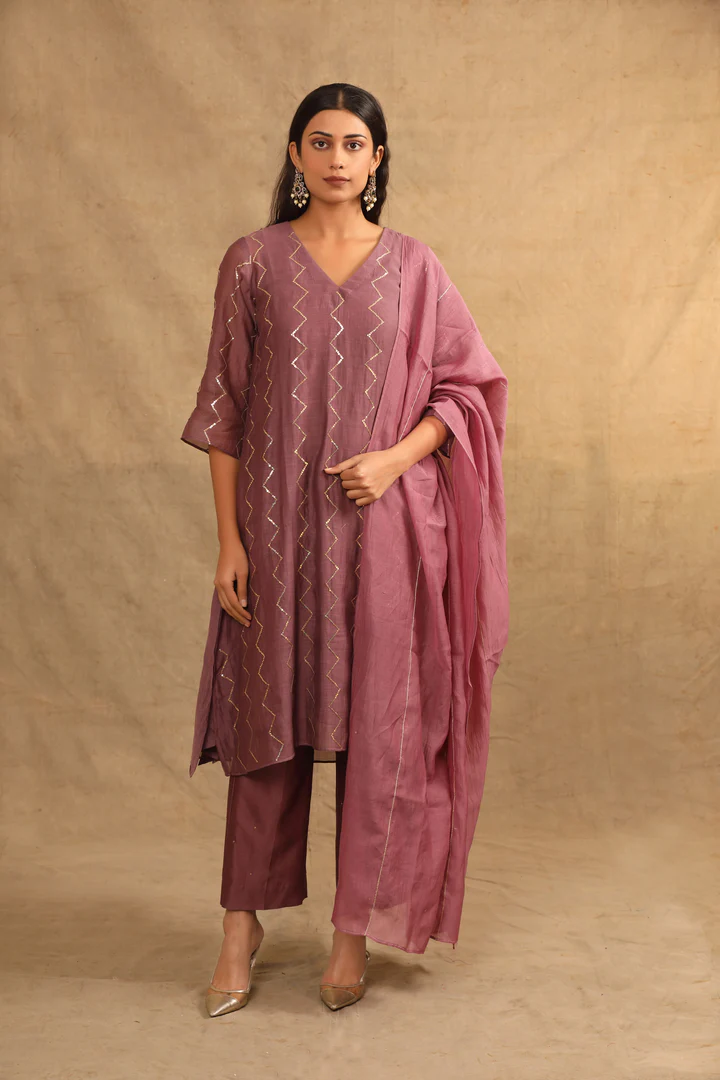 Plum Sequin Work Hand Embroidered Chanderi Suit Set (Set of 2)