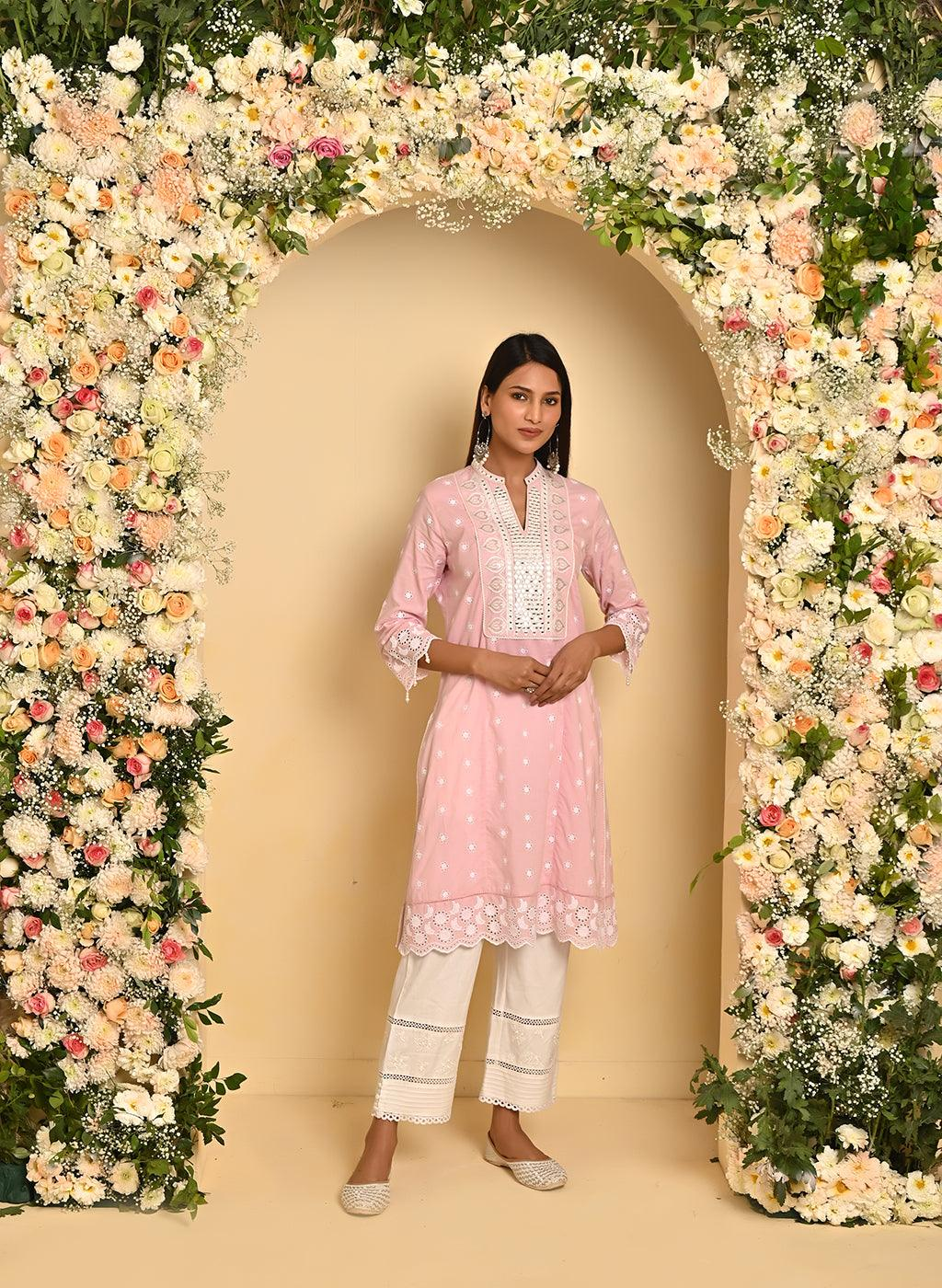 Pink Schiffli Embroidery Kurta Set with Mirror Work