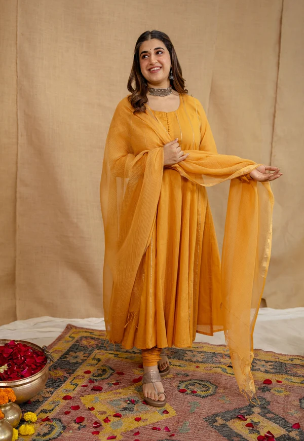 Kaveri Mulmul Cotton Honey Orange Kali Kurta Set (Set of 3)