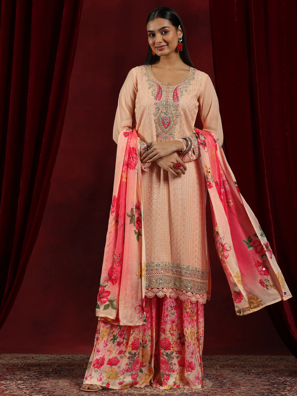 Peach Embroidered Georgette Straight Suit With Dupatta