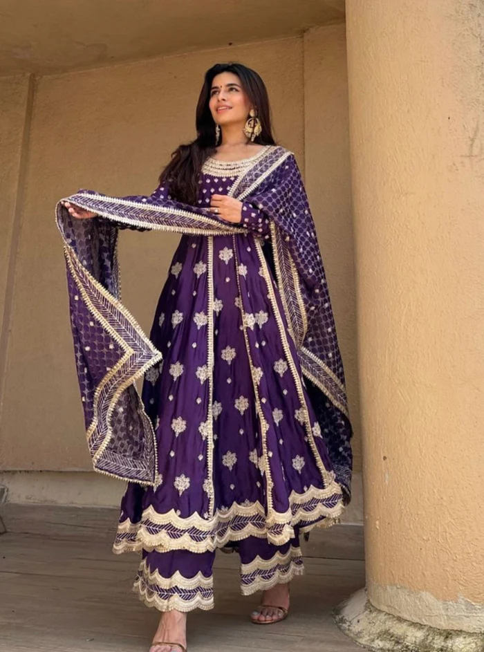 Organza Satin Palki Purple Kurta With Mulmul Organza Satin Palki Purple Pant