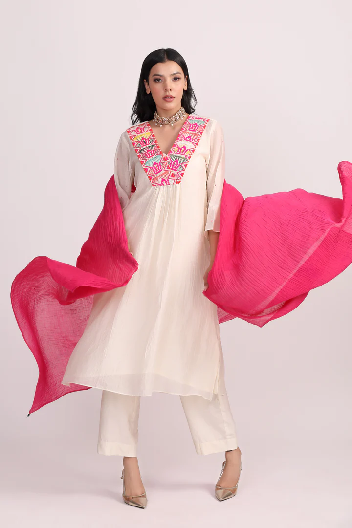 Ivory Boho Patch Work Chanderi Kurta Set