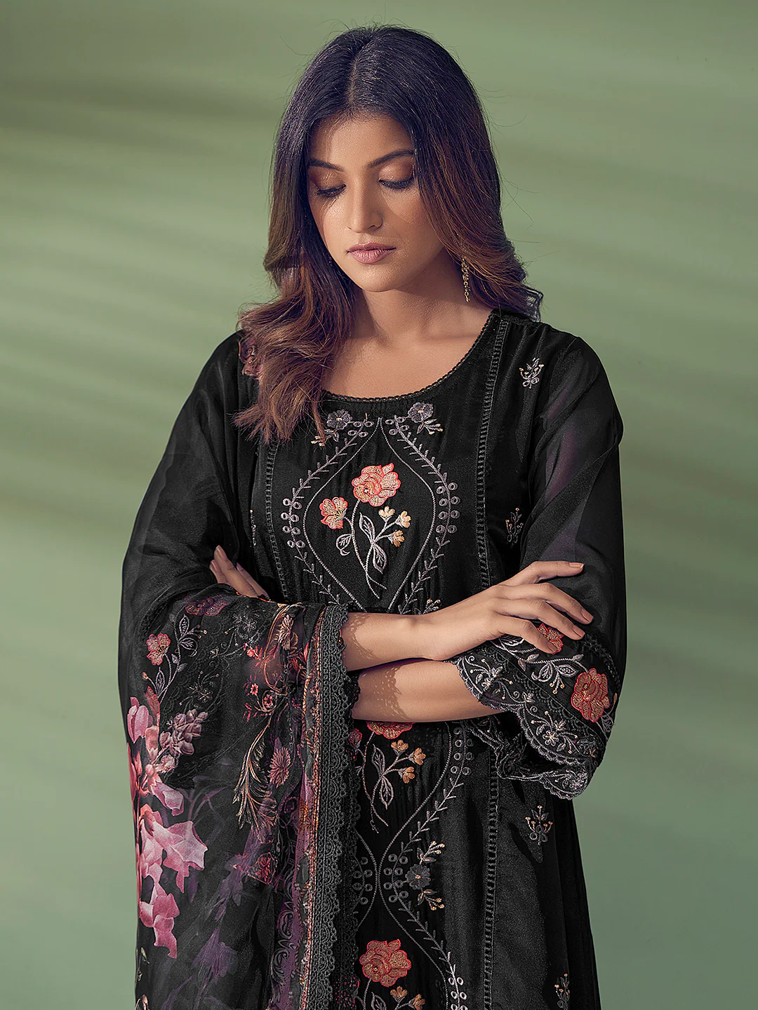 Black Embroidered Straight Kurta Trousers With Dupatta Set