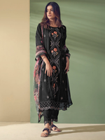 Black Embroidered Straight Kurta Trousers With Dupatta Set