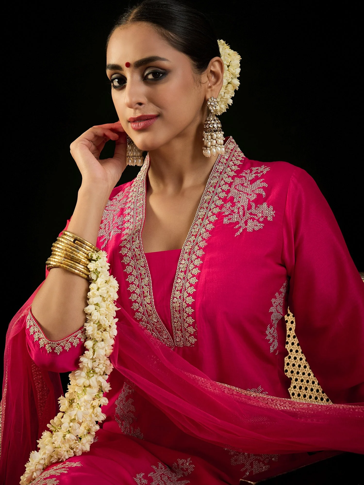 Magenta Embroidered Straight Kurta Trousers With Dupatta set