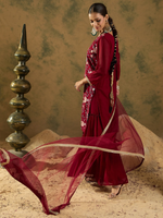 Maroon Embroidered Straight Kurta Sharara With Dupatta set