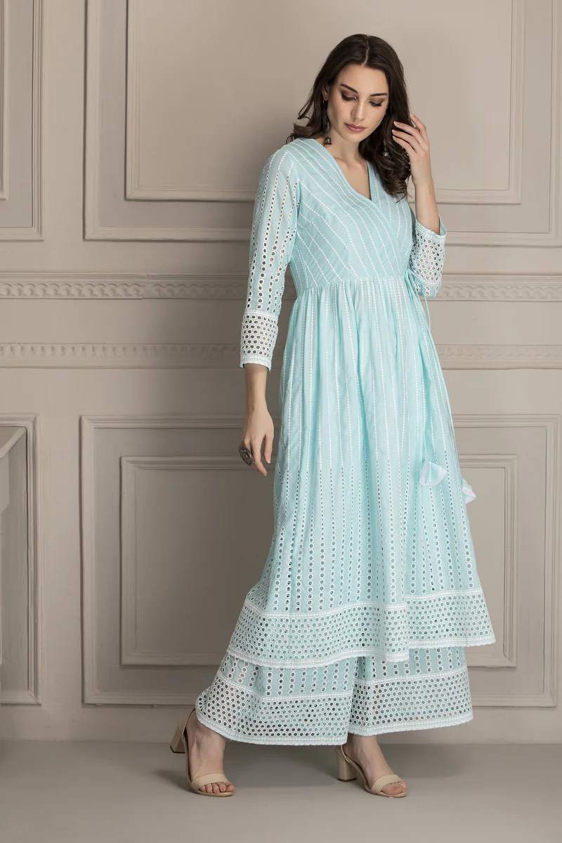 Aqua Angrakha Style Chikankari Kurta set