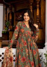 Najia Green Floral Handblock Print Kurta Set