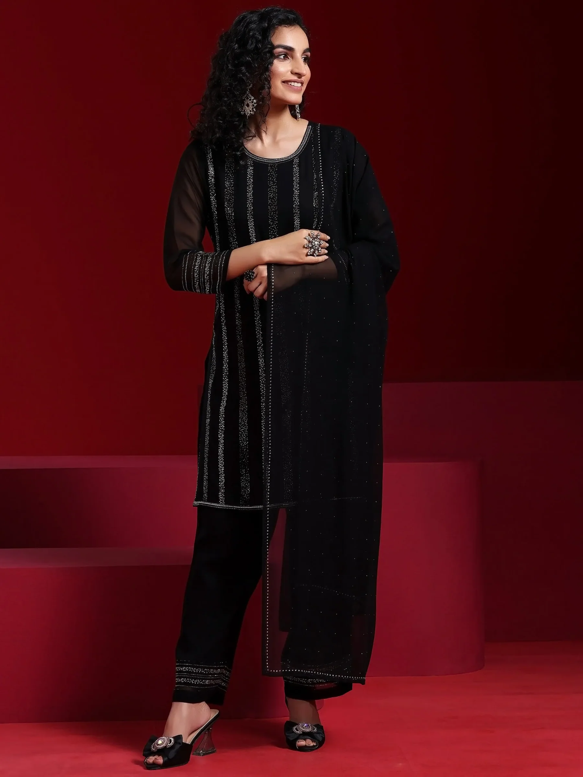 Black Striped Georgette Straight Suit With Dupatta