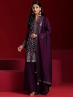 Wine Embroidered Silk Blend Straight Suit With Dupatta