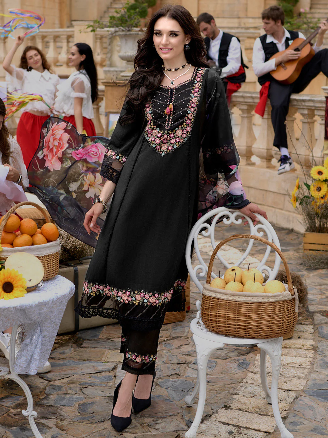 Black Embroidered A-Line Kurta Trousers With Dupatta Set