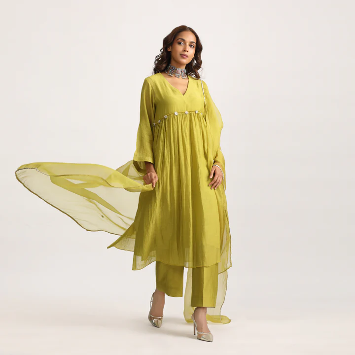 Lime Green Silk Chanderi Suit Set with Organza Dupatta