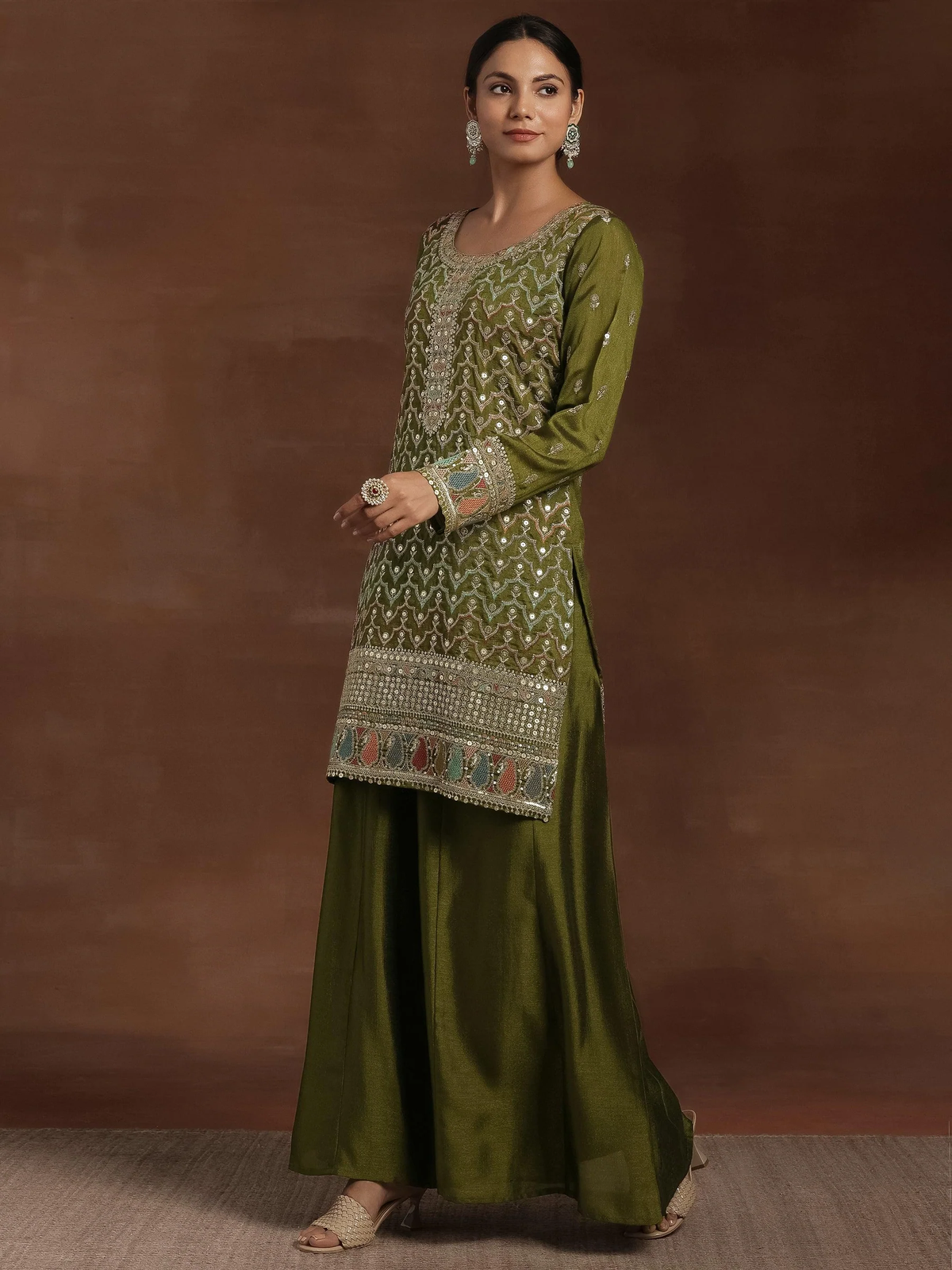 Adaa Olive Embroidered Silk Blend Straight Kurta With Palazzos & Dupatta