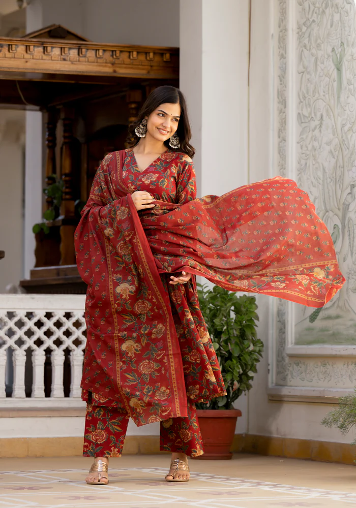 Saanvi Maroon Floral Print Suit Set