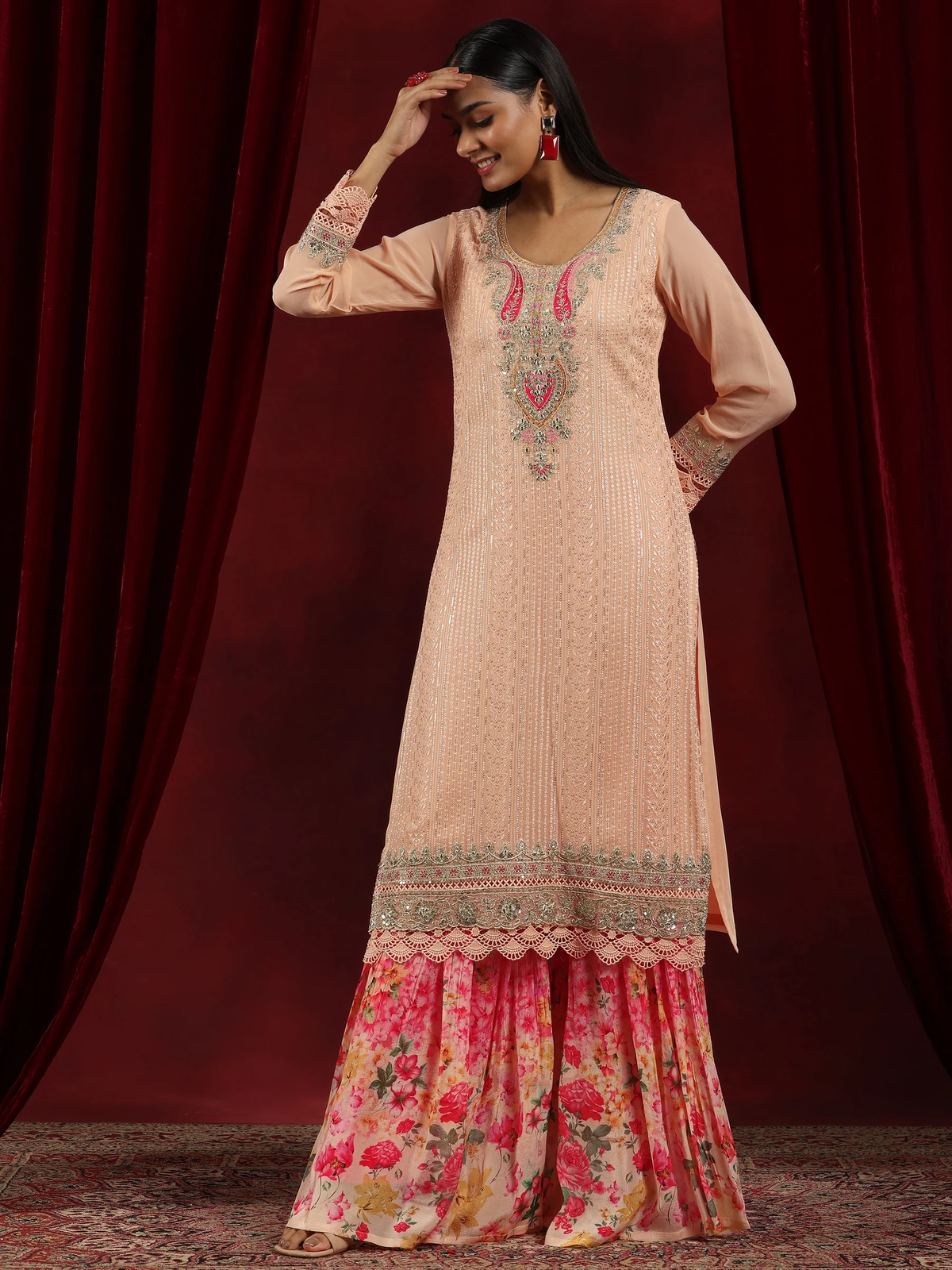 Peach Embroidered Georgette Straight Suit With Dupatta