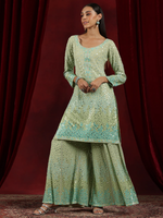 Green Embroidered Georgette Straight Suit With Dupatta