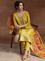 Mustard Woven Design Chanderi Silk Straight Suit With Dupatta