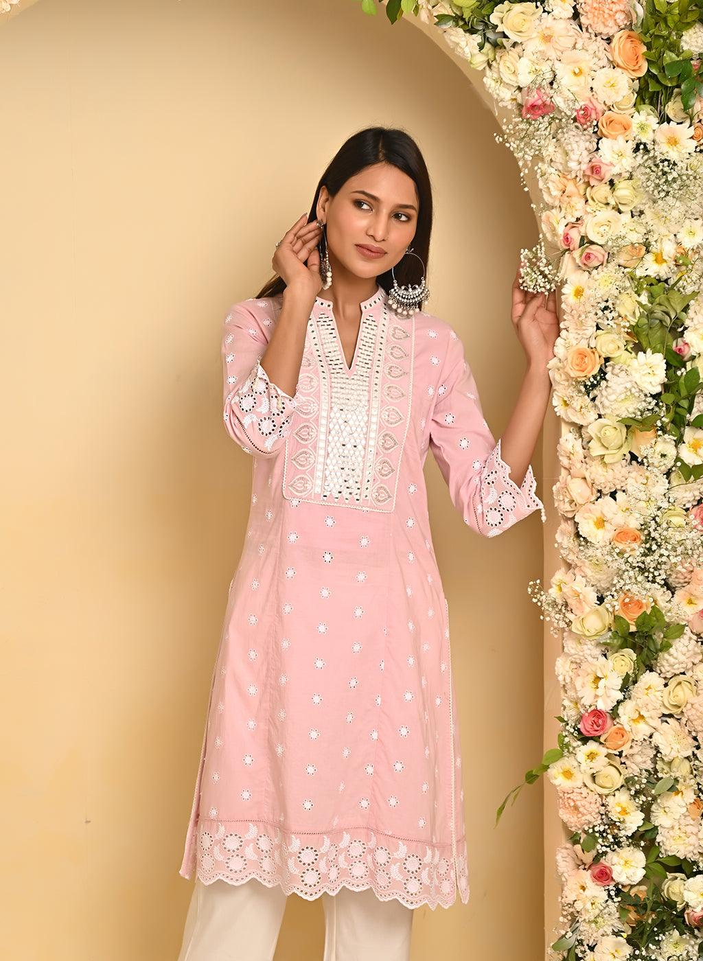 Pink Schiffli Embroidery Kurta Set with Mirror Work