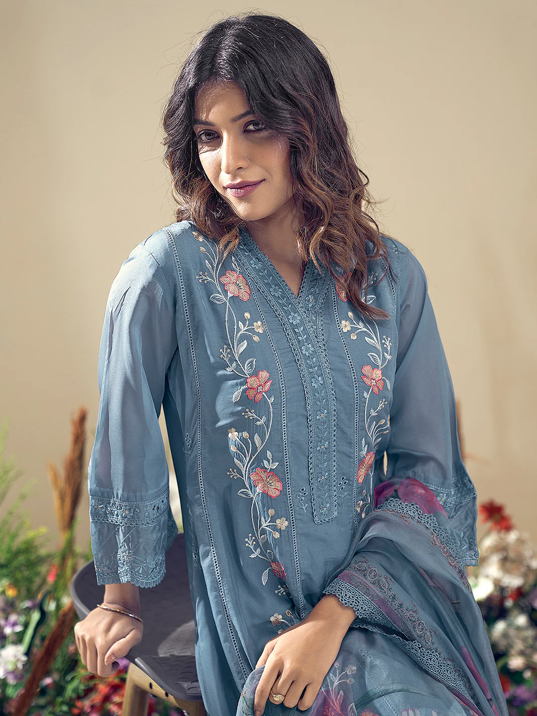 Blue Embroidered Straight Kurta Trousers With Dupatta Set