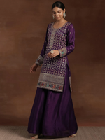 Purple Embroidered Silk Blend Straight Kurta With Palazzos & Dupatta