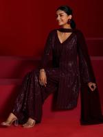 Wine Embroidered Georgette A-Line Kurta With Palazzos & Dupatta