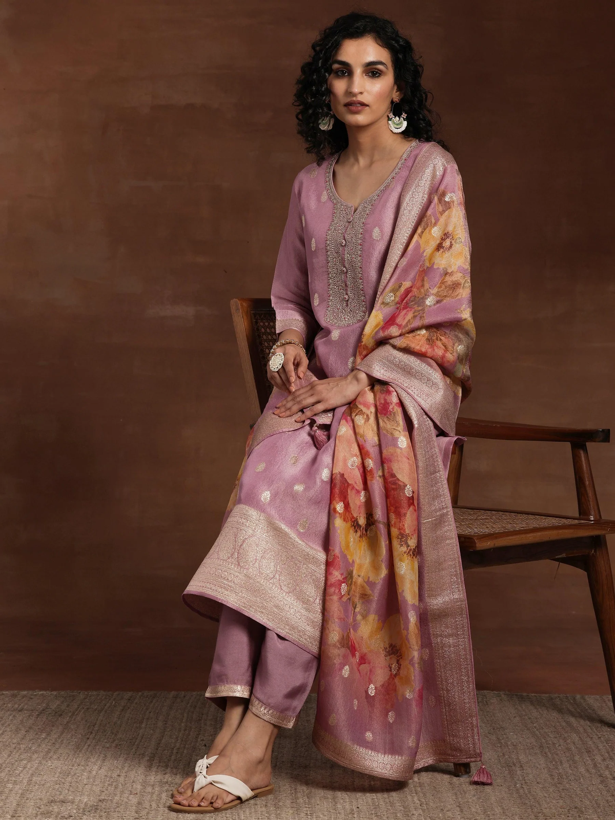 Silk Blend Straight Kurta With Palazzos & Dupatta