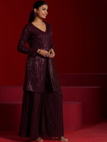 Wine Embroidered Georgette A-Line Kurta With Palazzos & Dupatta