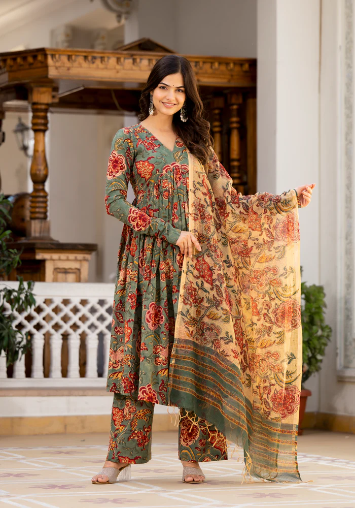 Najia Green Floral Handblock Print Kurta Set