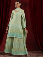 Green Embroidered Georgette Straight Suit With Dupatta