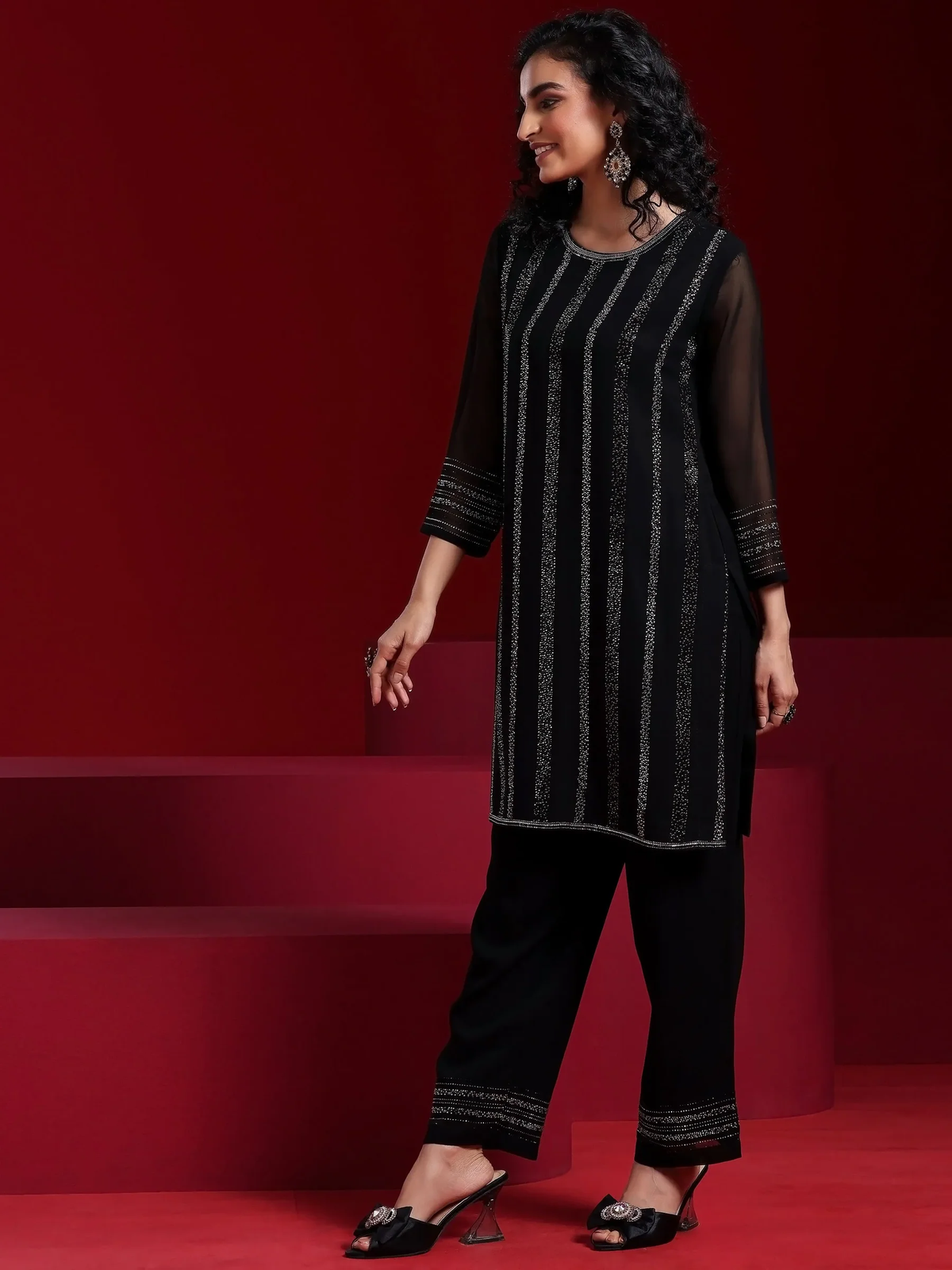 Black Striped Georgette Straight Suit With Dupatta